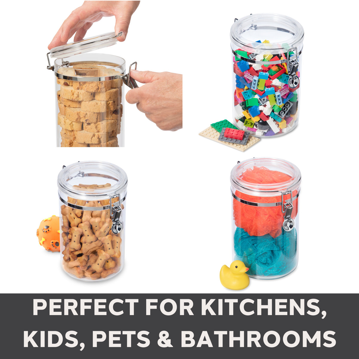 OGGI 4pc Clear Canister Set with Clamp Lids Airtight Containers in Sizes Ideal for Kitchen & Pantry Storage of Bulk, Dry Foods Including Flour, Sugar, Coffee, Rice, Tea, Spices & Herbs (Set of 4)